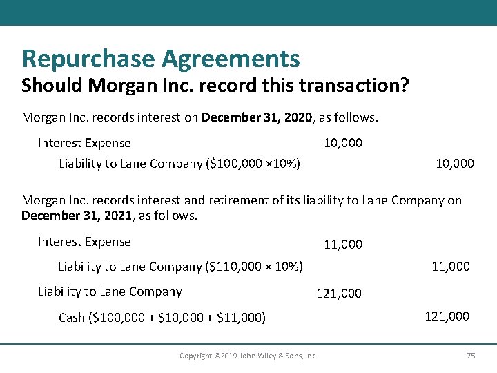 Repurchase Agreements Should Morgan Inc. record this transaction? Morgan Inc. records interest on December