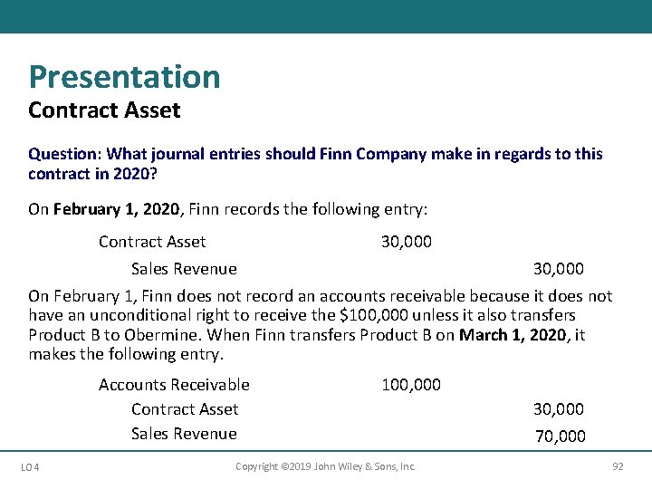 Presentation Contract Asset Question: What journal entries should Finn Company make in regards to