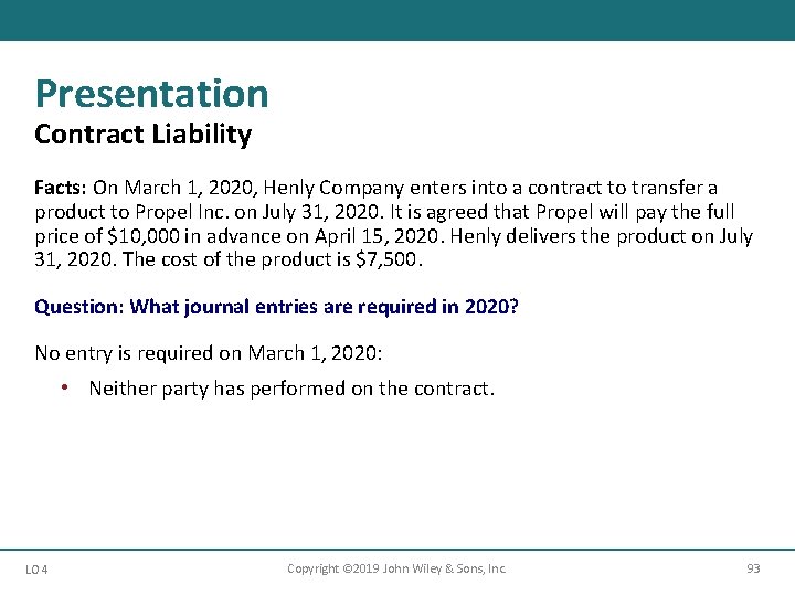 Presentation Contract Liability Facts: On March 1, 2020, Henly Company enters into a contract