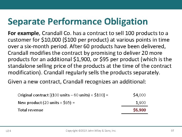Separate Performance Obligation For example, Crandall Co. has a contract to sell 100 products
