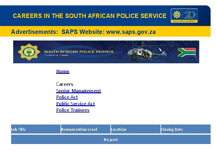 CAREERS IN THE SOUTH AFRICAN POLICE SERVICE Advertisements: SAPS Website: www. saps. gov. za