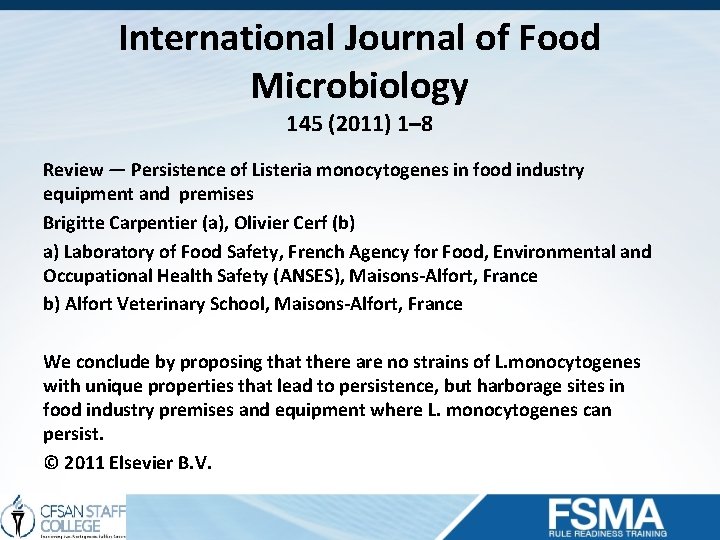 International Journal of Food Microbiology 145 (2011) 1– 8 Review — Persistence of Listeria