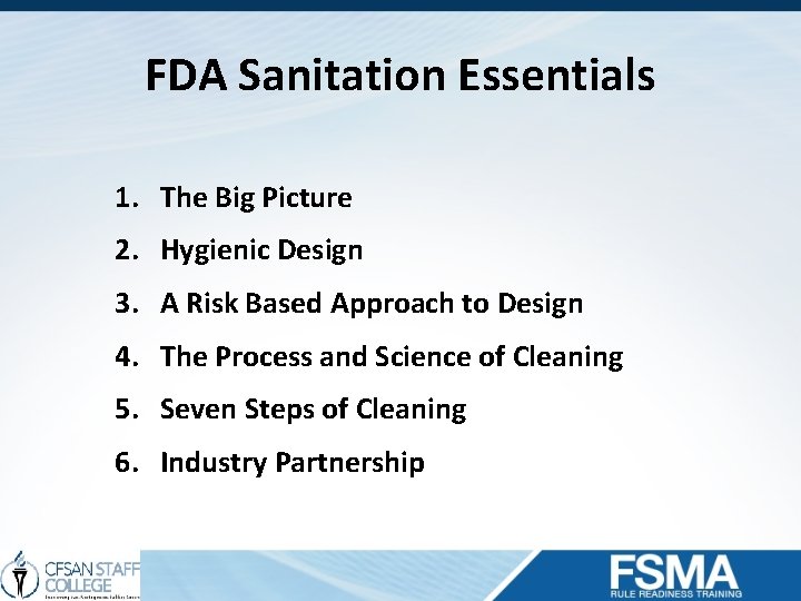 FDA Sanitation Essentials 1. The Big Picture 2. Hygienic Design 3. A Risk Based