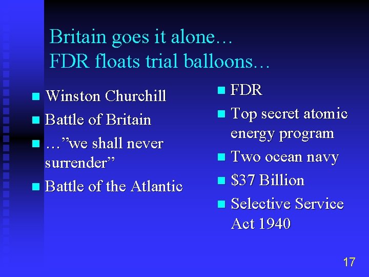 Britain goes it alone… FDR floats trial balloons… Winston Churchill n Battle of Britain