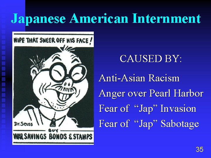 Japanese American Internment CAUSED BY: Anti-Asian Racism Anger over Pearl Harbor Fear of “Jap”