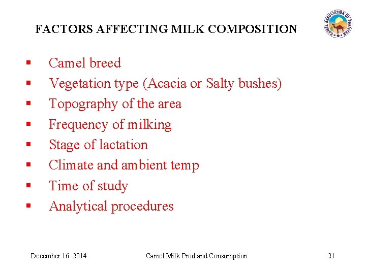 FACTORS AFFECTING MILK COMPOSITION § § § § Camel breed Vegetation type (Acacia or