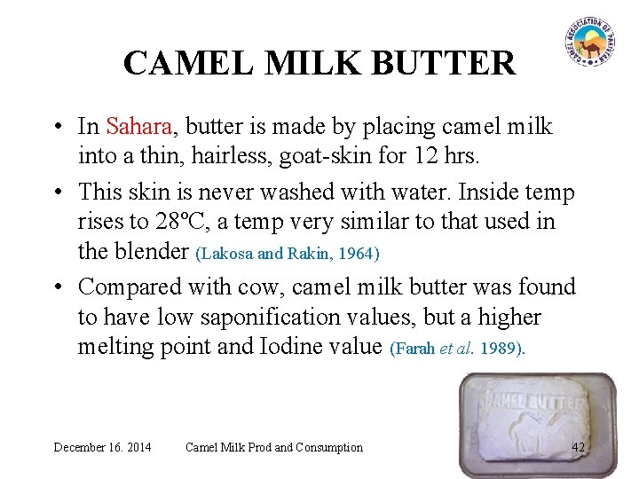 CAMEL MILK BUTTER • In Sahara, butter is made by placing camel milk into