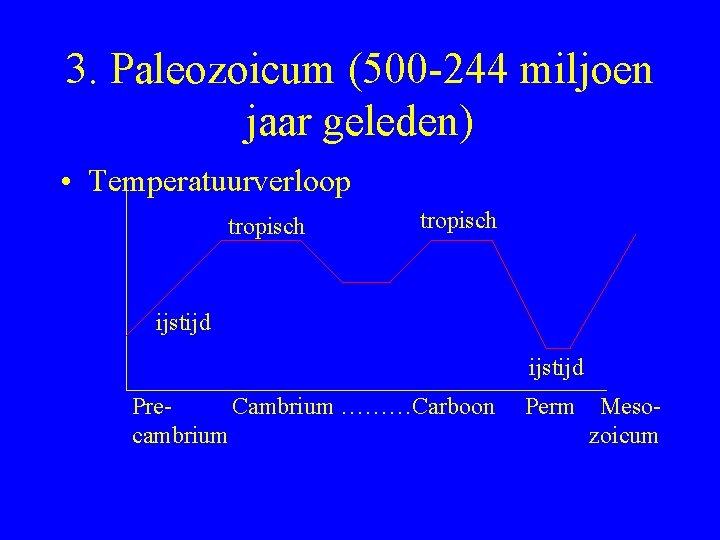 3. Paleozoicum (500 -244 miljoen jaar geleden) • Temperatuurverloop tropisch ijstijd Pre. Cambrium ………Carboon