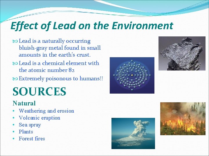 Effect of Lead on the Environment Lead is a naturally occurring bluish-gray metal found