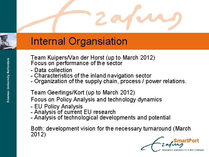 Internal Organsiation Team Kuipers/Van der Horst (up to March 2012) Focus on performance of