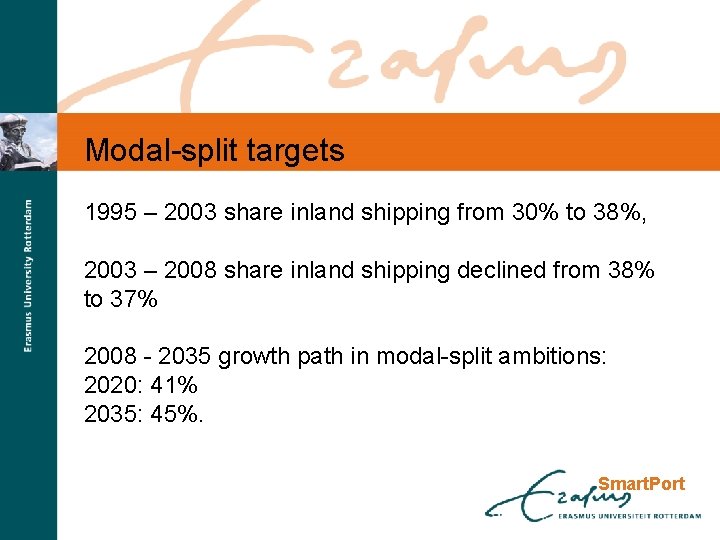 Modal-split targets 1995 – 2003 share inland shipping from 30% to 38%, 2003 –