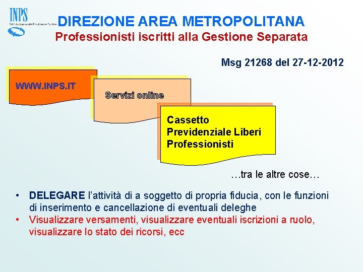 DIREZIONE AREA METROPOLITANA Professionisti iscritti alla Gestione Separata Msg 21268 del 27 -12 -2012