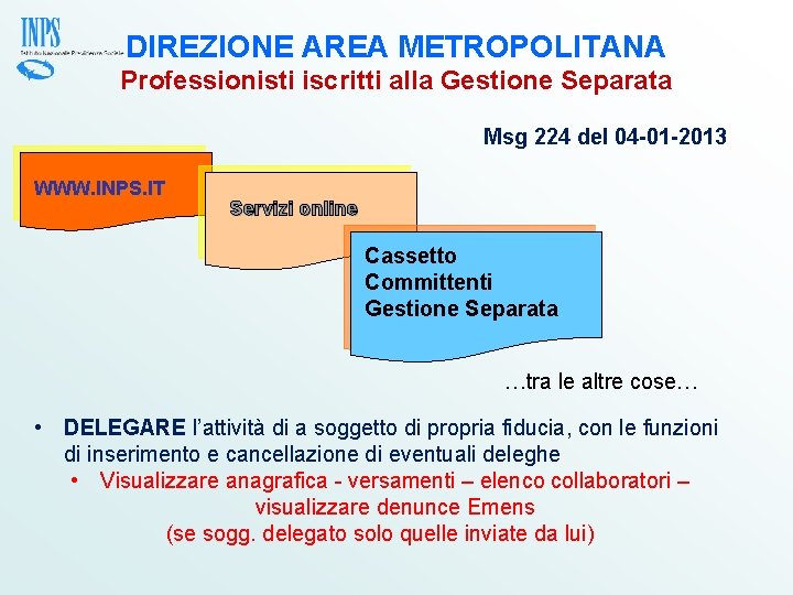 DIREZIONE AREA METROPOLITANA Professionisti iscritti alla Gestione Separata Msg 224 del 04 -01 -2013