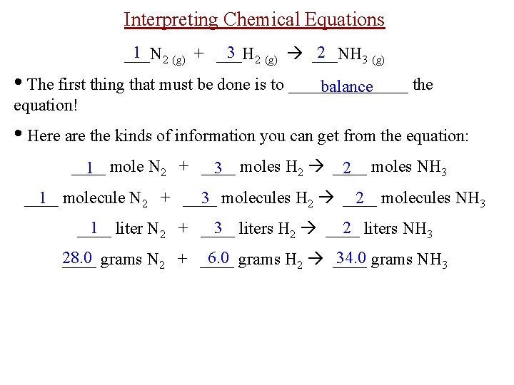 Interpreting Chemical Equations 1 2 (g) + ___H 3 2 (g) ___NH 2 ___N