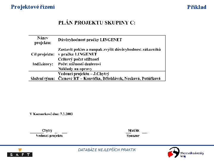 Projektové řízení Příklad DATABÁZE NEJLEPŠÍCH PRAKTIK 