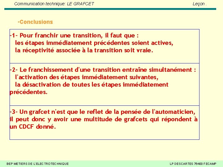 Communication technique: LE GRAFCET Leçon. • Conclusions -1 - Pour franchir une transition, il