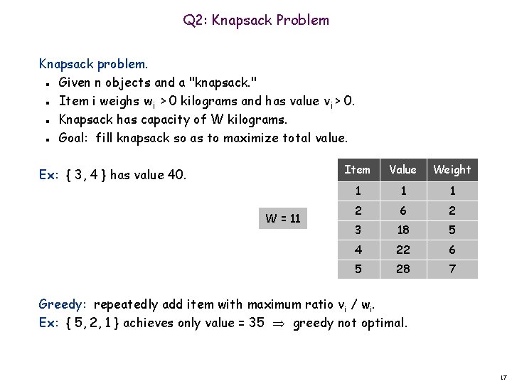 Q 2: Knapsack Problem Knapsack problem. Given n objects and a "knapsack. " Item