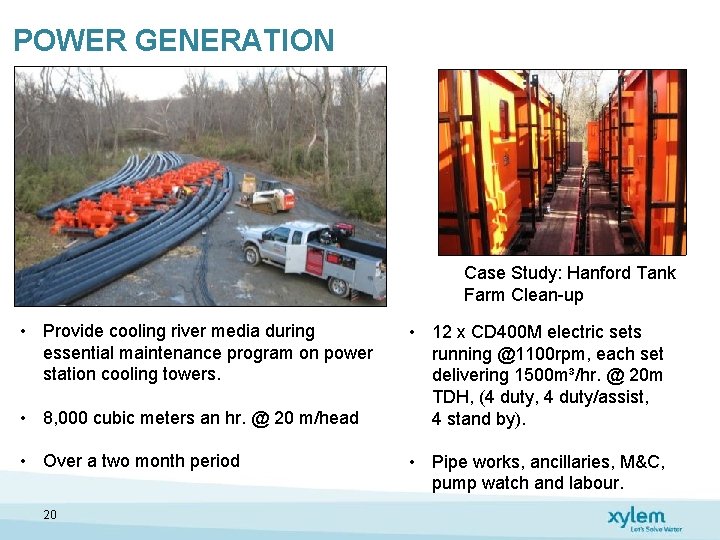 POWER GENERATION Case Study: Hanford Tank Farm Clean-up • Provide cooling river media during POWER GENERATION Case Study: Hanford Tank Farm Clean-up • Provide cooling river media during