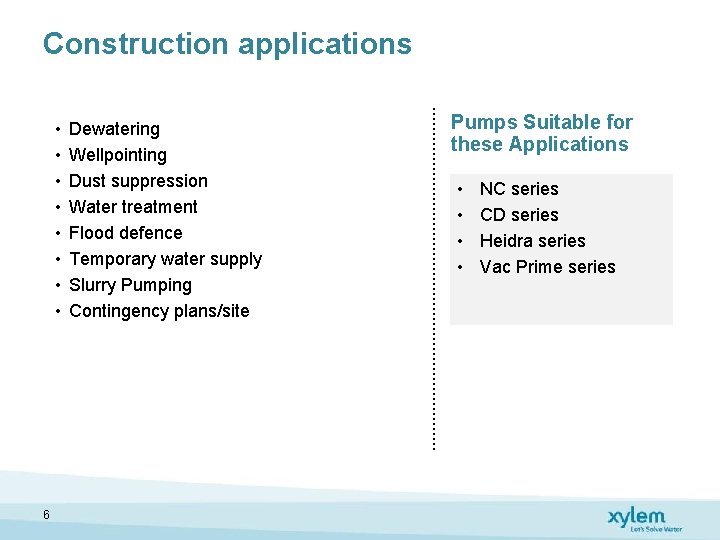 Construction applications • • 6 Dewatering Wellpointing Dust suppression Water treatment Flood defence Temporary