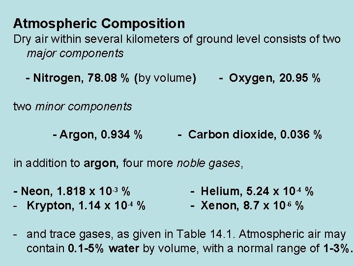 Atmospheric Composition Dry air within several kilometers of ground level consists of two major