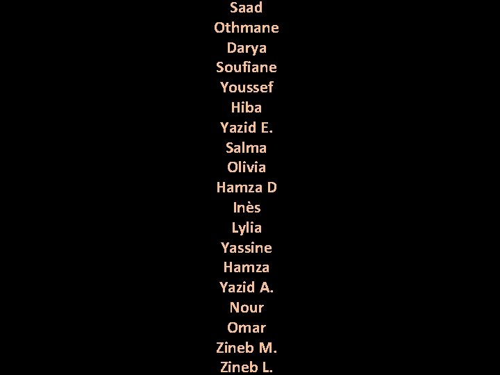 Saad Othmane Darya Soufiane Youssef Hiba Yazid E. Salma Olivia Hamza D Inès Lylia