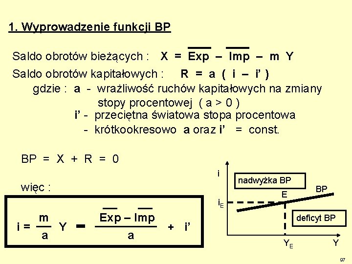 1. Wyprowadzenie funkcji BP Saldo obrotów bieżących : X = Exp – Imp –