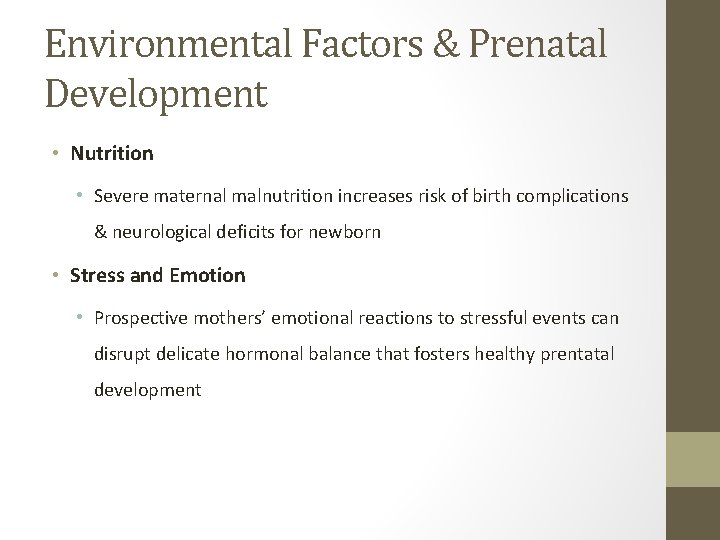 Environmental Factors & Prenatal Development • Nutrition • Severe maternal malnutrition increases risk of