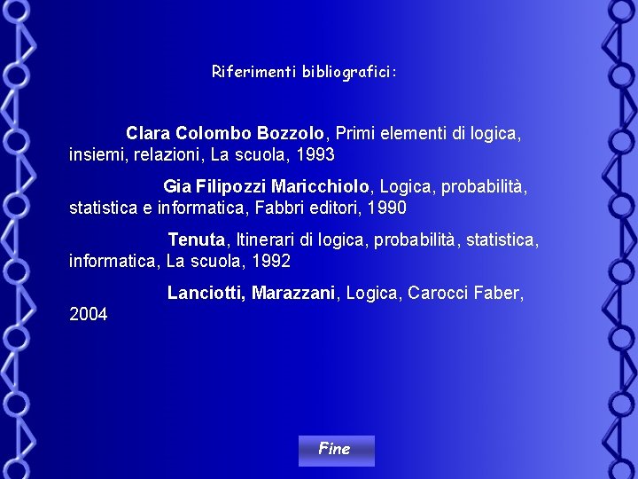 Riferimenti bibliografici: Clara Colombo Bozzolo, Primi elementi di logica, insiemi, relazioni, La scuola, 1993