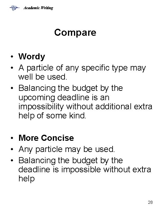 Academic Writing Compare • Wordy • A particle of any specific type may well