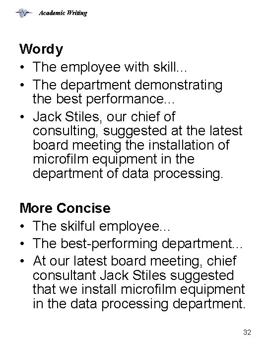 Academic Writing Wordy • The employee with skill. . . • The department demonstrating