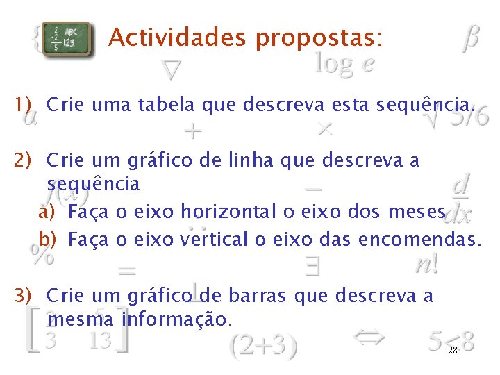 Actividades propostas: 1) Crie uma tabela que descreva esta sequência. 2) Crie um gráfico