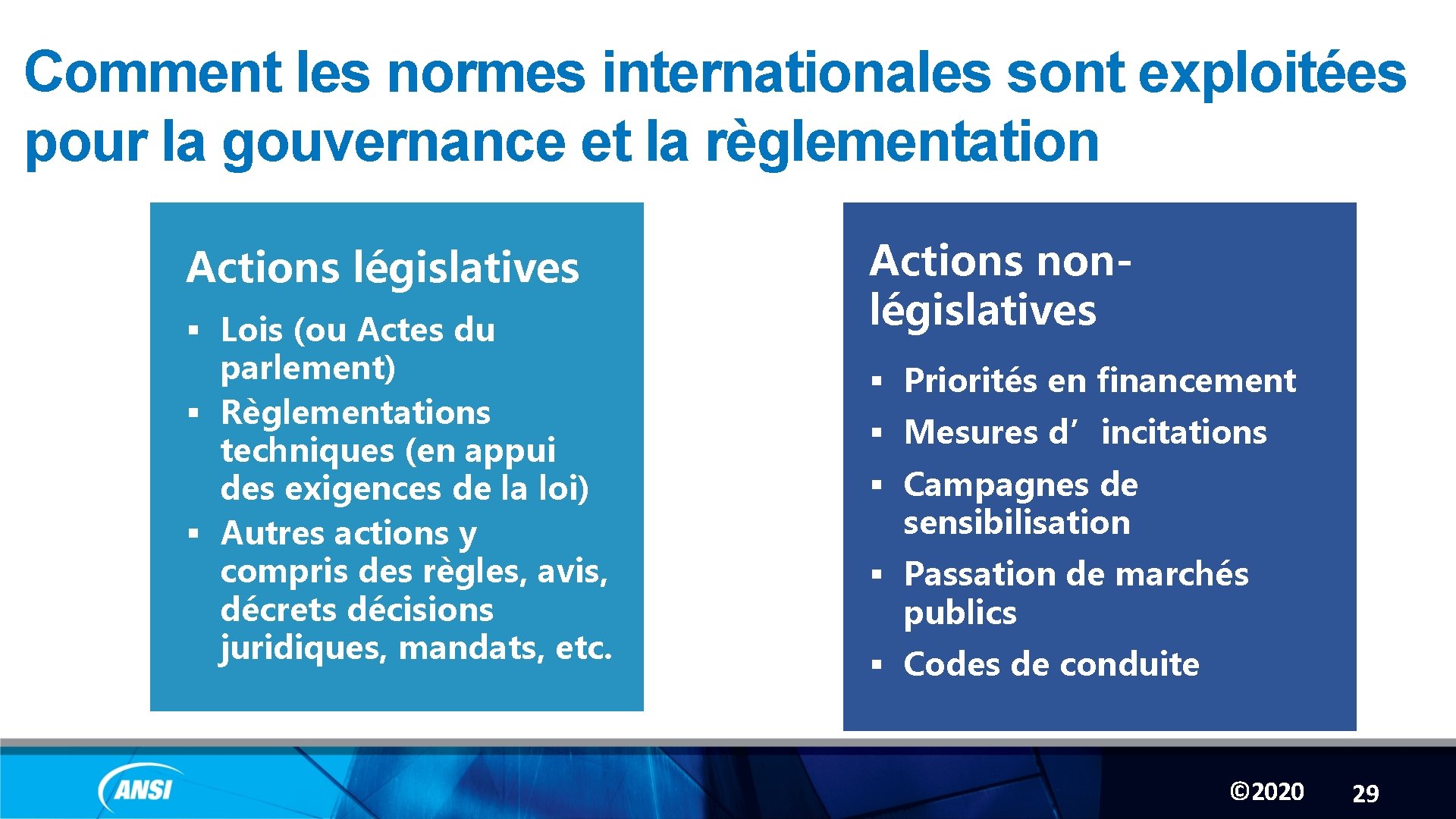 Comment les normes internationales sont exploitées pour la gouvernance et la règlementation Actions législatives