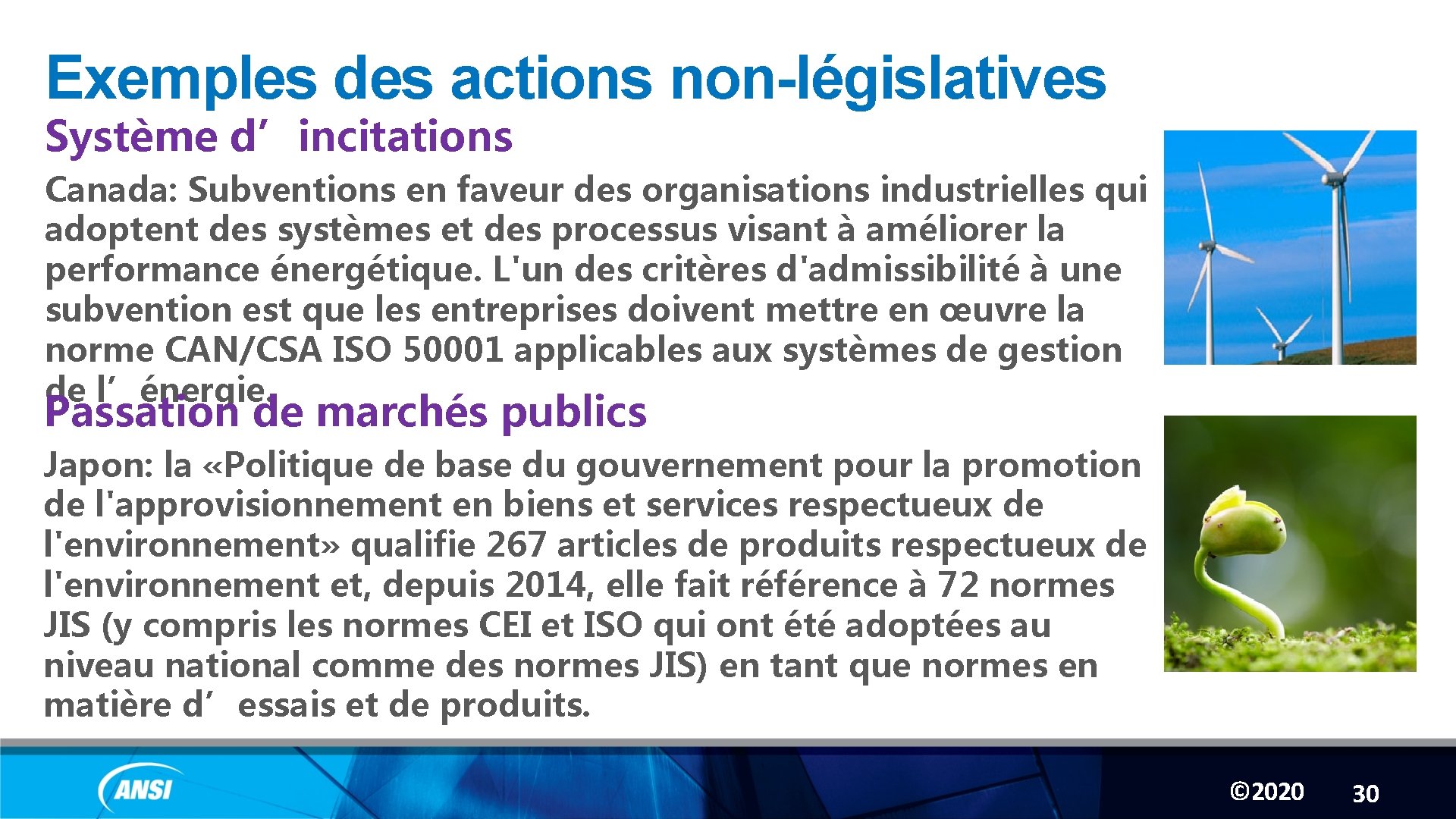 Exemples des actions non-législatives Système d’incitations Canada: Subventions en faveur des organisations industrielles qui