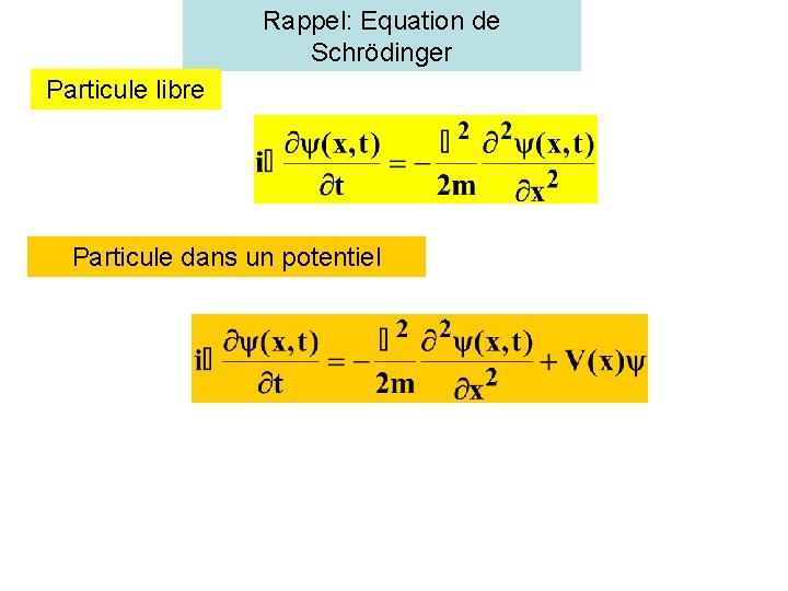 Rappel: Equation de Schrödinger Particule libre Particule dans un potentiel 