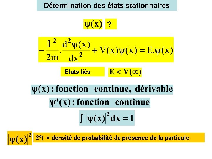 Détermination des états stationnaires ? Etats liés 2°) = densité de probabilité de présence