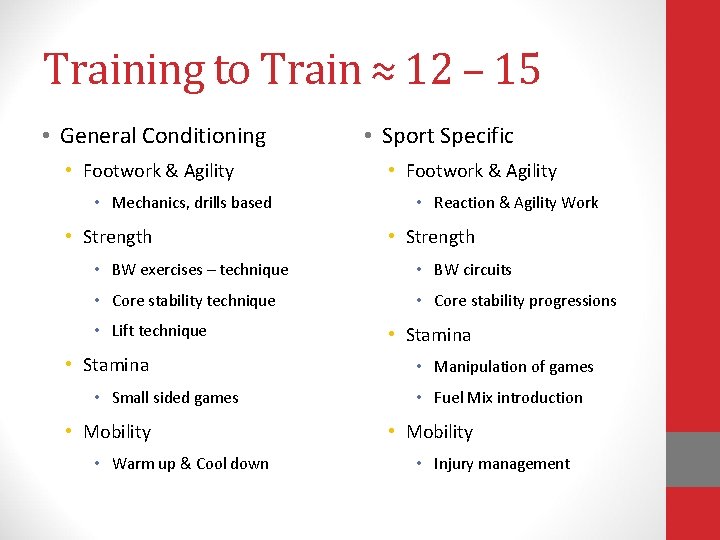 Training to Train ≈ 12 – 15 • General Conditioning • Footwork & Agility Training to Train ≈ 12 – 15 • General Conditioning • Footwork & Agility