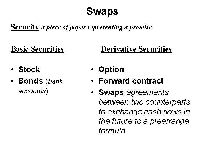Swaps Security-a piece of paper representing a promise Basic Securities • Stock • Bonds