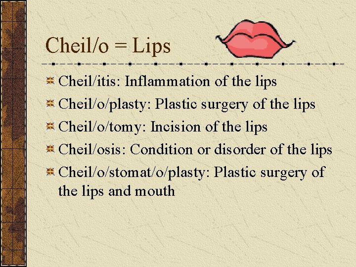Cheil/o = Lips Cheil/itis: Inflammation of the lips Cheil/o/plasty: Plastic surgery of the lips
