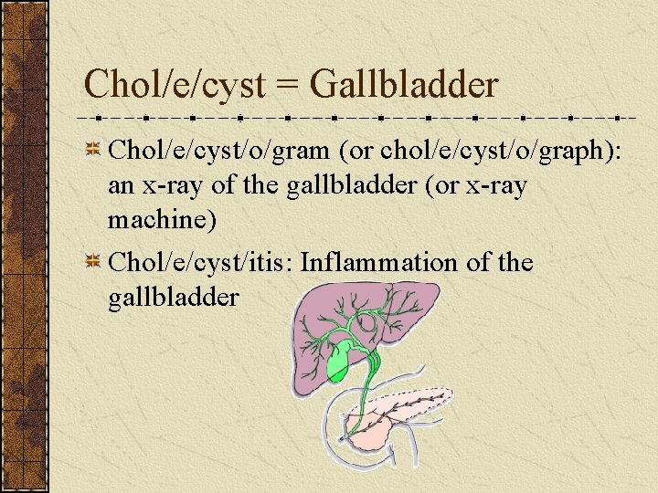 Chol/e/cyst = Gallbladder Chol/e/cyst/o/gram (or chol/e/cyst/o/graph): an x-ray of the gallbladder (or x-ray machine)