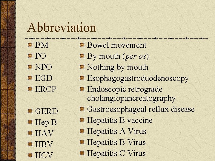 Abbreviation BM PO NPO EGD ERCP GERD Hep B HAV HBV HCV Bowel movement
