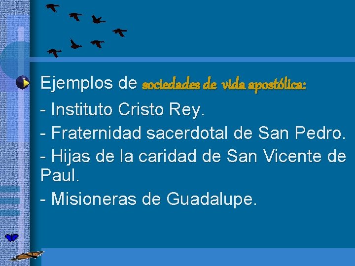  • Ejemplos de sociedades de vida apostólica: - Instituto Cristo Rey. - Fraternidad