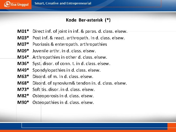 Kode Ber-asterisk (*) M 01* Direct inf. of joint in inf. & paras. d.