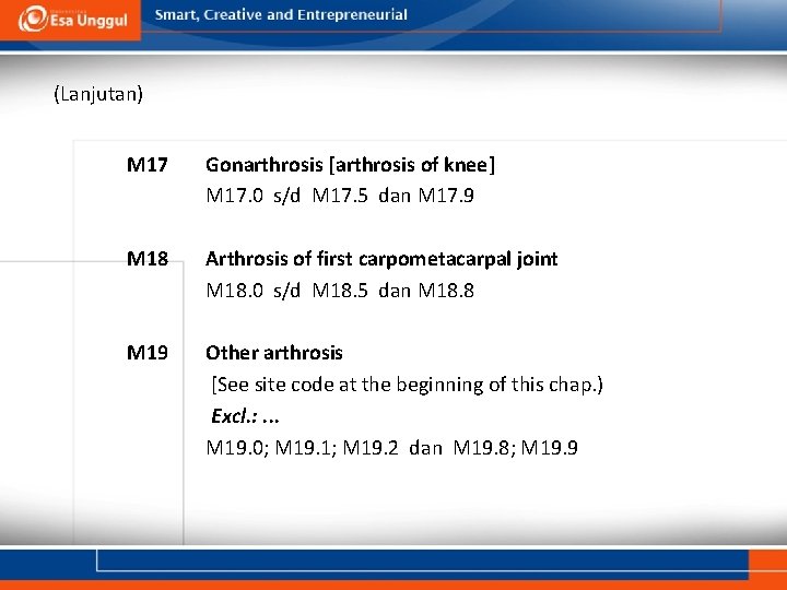  (Lanjutan) M 17 Gonarthrosis [arthrosis of knee] M 17. 0 s/d M 17.