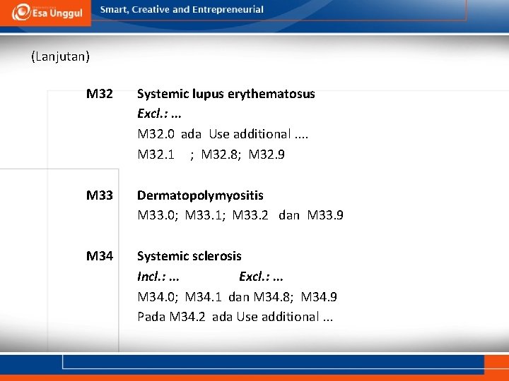 (Lanjutan) M 32 Systemic lupus erythematosus Excl. : . . . M 32. 0 (Lanjutan) M 32 Systemic lupus erythematosus Excl. : . . . M 32. 0