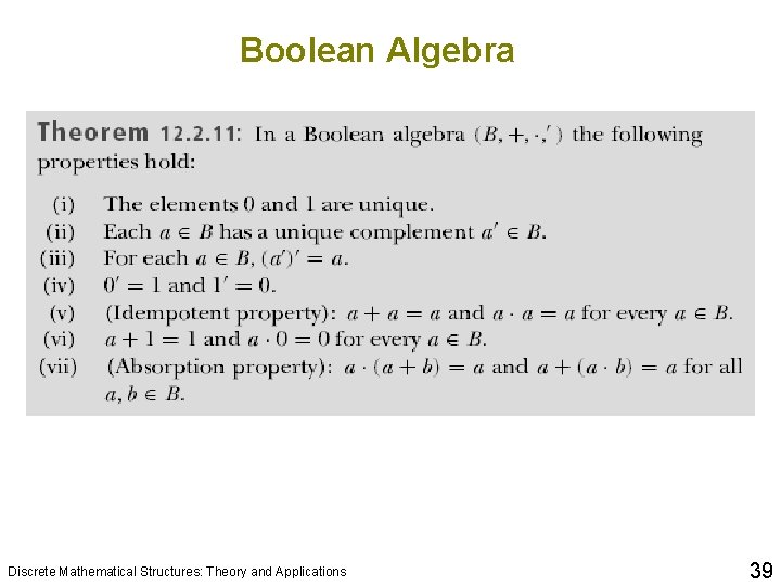 Boolean Algebra Discrete Mathematical Structures: Theory and Applications 39 