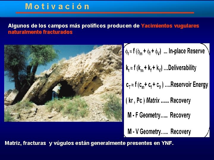 Motivación Algunos de los campos más prolíficos producen de Yacimientos vugulares naturalmente fracturados Matriz,