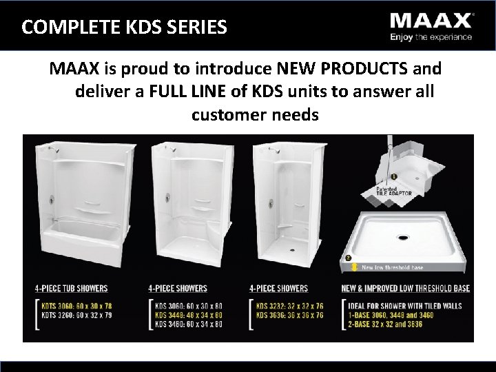 COMPLETE KDS SERIES Situation Summary MAAX is proud to introduce NEW PRODUCTS and deliver