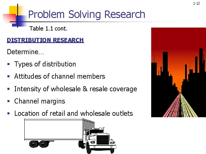 1 -12 Problem Solving Research Table 1. 1 cont. DISTRIBUTION RESEARCH Determine… § Types