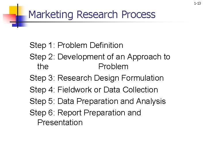 1 -13 Marketing Research Process Step 1: Problem Definition Step 2: Development of an
