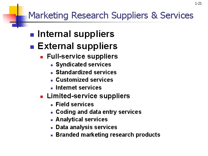 1 -21 Marketing Research Suppliers & Services n n Internal suppliers External suppliers n